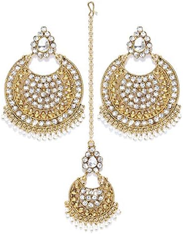 Indian Fashion Jhumki Style Gold Plated With Pearl Polki Earring With Tikka Set