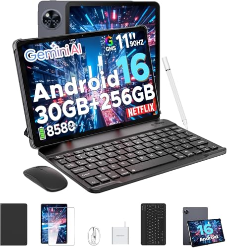 POPUX U11 Pro Android Tablet 16, 30GB RAM+256GB ROM+2TB TF, Battery 8580mAh Tablet with Keyboard, Tablet 11 Inch 90Hz HD IPS Tablets, Widevine L1, Gemini AI, Camera 13MP+5MP/5G WiFi/3.5mm Audio/GPS