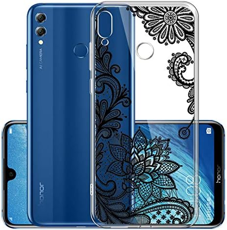 Beautiful Floral Painted Black Lace Flower Pattern Printed Design Transparent TPU Soft Silicone Case for Huawei P Smart Plus/Nova 3i,SKYXD 3D Colorful Embossed Lotus Blossom Flexible Protective Cover