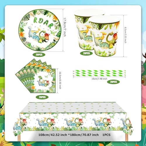 KASTWAVE 101 PCS Dinosaur Birthday Party Supplies for 20 Guests - Lunriwis Theme Party Decorations With Plates, Cups, and Napkins for Kids