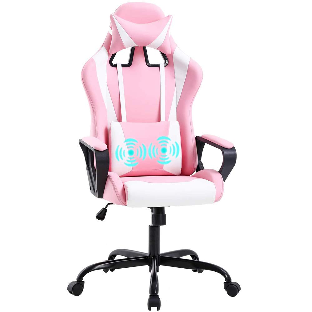 Silla para juegos de PC, silla de oficina, silla de escritorio de carreras con brazos de soporte lumbar, reposacabezas, masaje, respaldo alto, cuero de PU, silla ergonómica para computadora, silla giratoria ajustable para mujeres, hombres y adultos, rosa