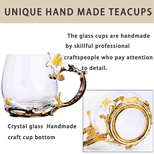 Tea Cup Coffee Mug Cups, Creative Lily Flower Glass Tea Cup, Handmade Tea Mug, Unique Personalized Birthday Present Ideal for Friend Wedding Anniversary Christmas Birthday - 12OZ Yellow