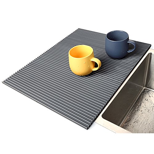Miusco Silicone Dish Drying Mat - Fast Drying, Non-slip, Heat Resistant, Grey Large 20 X 16 Inch, for Kitchen & Dishwasher Safe.
