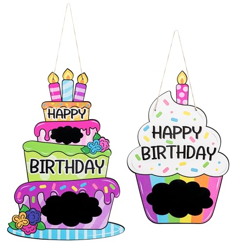L1rabe 2Pcs Happy Birthday Wood Door Sign Decor Child Colorful Birthday Cake Hanging Sign for Door Wall Personalized Name Indoor Outdoor Backdrop Decor for Boys Girls, Students Back to School Gifts
