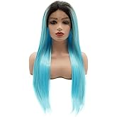 Meiyite Hair Synthetic Lace Front Wig Straight Long 24in Dark Root Blue Ombre Heavy Density Heat Resistant Realistic Wig