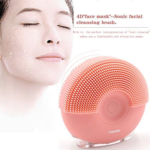 Sonic Facial Cleansing Brush Silicone face Cleanser &amp; Massager Electric exfoliating face brush IPX7 waterproof skin cleaning system (Pink)