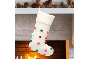 Hopearl Large Pom Pom Christmas Stocking Boho Style Socks Ultra Soft Berber Fleece Stockings Ornament Luxury Gift Bags for Family Xmas Tree Party Supplies, Cream, 20''