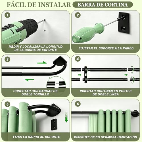Barra Doble telescópica para Cortinas, Cortinero dobles para ventana, Barras de cortina Ajustable doble, Cortinero Dobles Negro para Salón, Dormitorio y Balcón (Nergo, 28-48‘’（0.7-1.2M）)