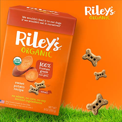 Riley's Organic Dog Treats - Small Bone Sweet Potato Dog Treats - USDA Organic, Certified Vegan and Non GMO Project Verified Dog Biscuits - 100% Human Grade - 9 Oz Carton