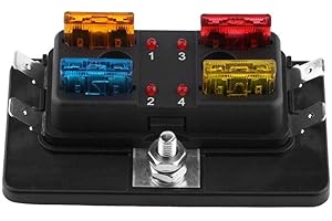 4 Way Box with LED Warning Light, 12V Marine Block Holder, 30A per Circuit, Black, for Car Van Boat