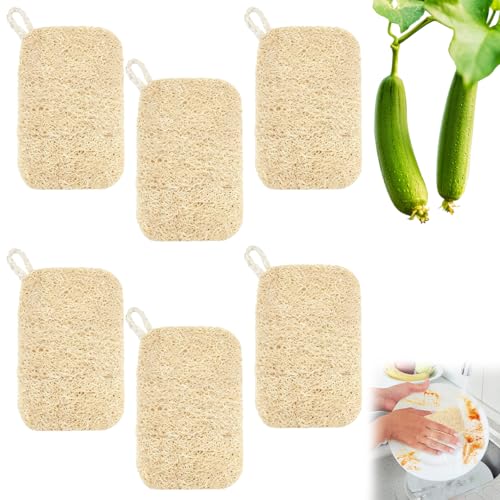 6 Pieces Loofah Natural Scrubber 9 x 14 cm, Loofah Sponge, Natural Loofah Kitchen Scourer, Stain Resistant, Oil Repellent, Highly Absorbent, for Bathrooms/Kitchens/Countertops