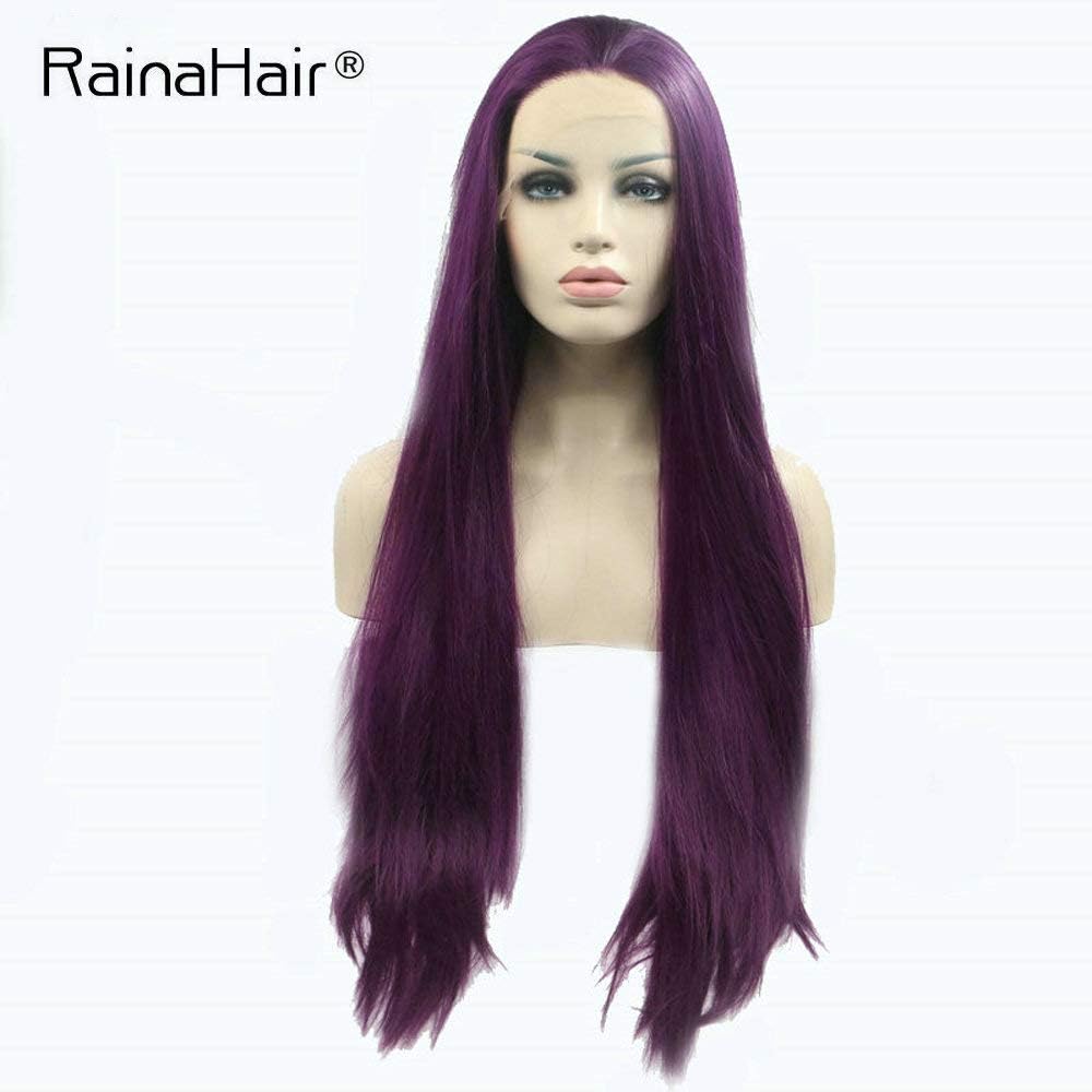 RainaHair 24 Inches Heat Resistant Synthetic Lace Front Wig Purple Bright Color Natural Look Hair Cosplay Halloween Makeup Purple Long Straight Wigs for Women Mermaid - Image 3