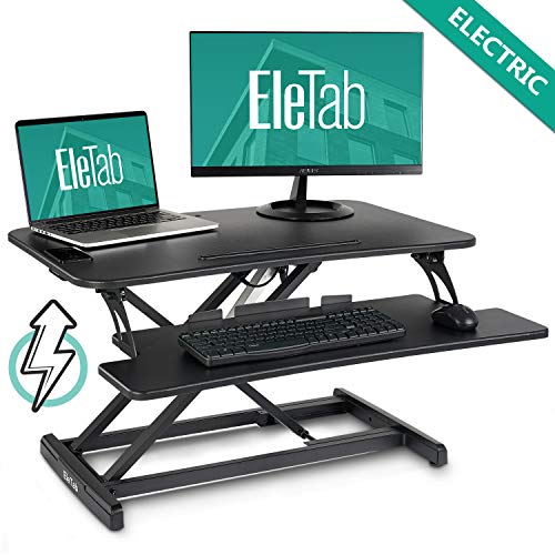 EleTab Electric Height Adjustable Standing Desk Converter Sit to Stand up Power Riser 33″ Black Tabletop Workstation fits Dual Monitor