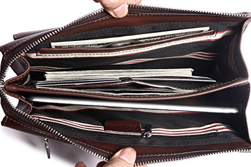 [- Real Leather Clutch Bags for Men Large Zip Around Purse Vintage Retro Checkbook Handbag Coffee G