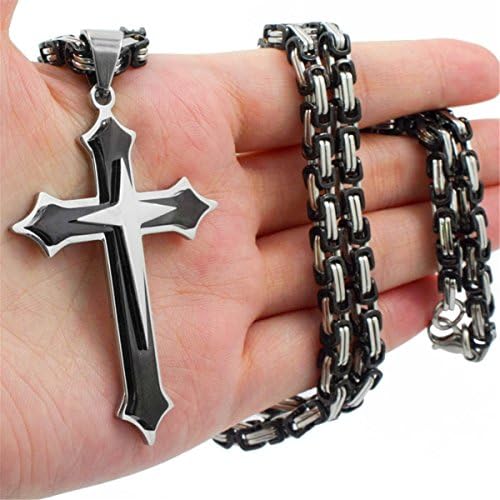 Hyning Mens Cross Necklace 316L Stainless Steel Silver Black Crucifix Pendant with 20-36 inch Byzantine Chain (Black with 20" Chain)