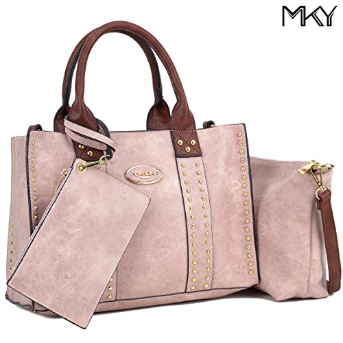 Women Handbag 3 Pieces Set Leather Shoulder Bag Satchel Purse 3 in 1 Simple Design Pink Coffee