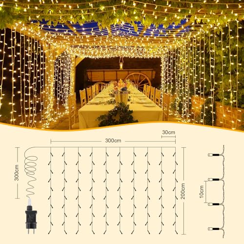 A.bigwhale Curtain Lights Outdoor with Plug, LED Lights Christmas Garlands Luminous 3 x 2 m, 8 Modes Waterfall Light for Indoor Outdoor Wall Decorated Window Wedding Party Birthday Balcony Garden