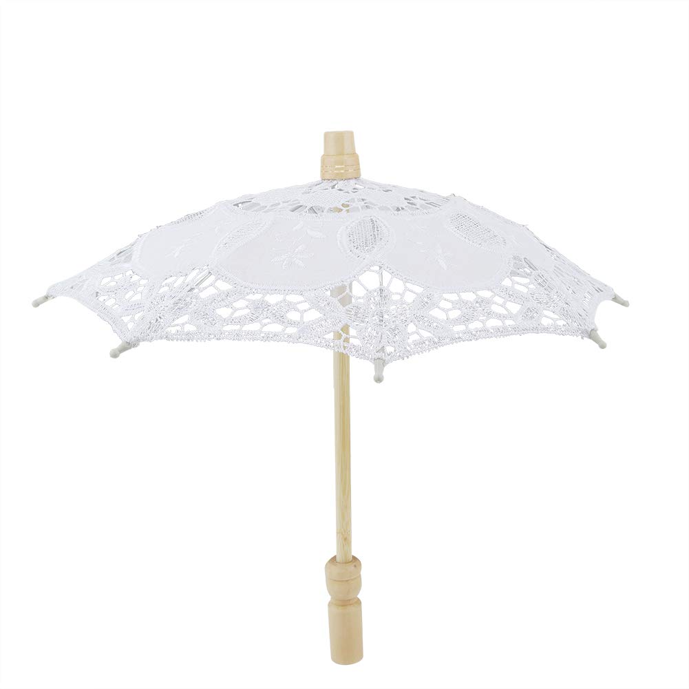 Lace Umbrella Bridal Umbrella Parasol Vintage Wood Embroidery Parasol Wedding Bride Photography Umbrella Photography props (White)