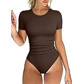 OQQ Women's Crew Neck Short Sleeve Bodysuit Ruched Stretch Vacation Basic for Tops Spring & Summer