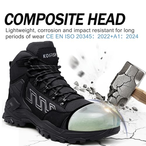 KOIFISH Botas de Seguridad para Hombre Mujer S3 Impermeable Botas de Trabajo Punta Compuesta Antideslizante Antiestático Calzado de seguridad de Caña Alta