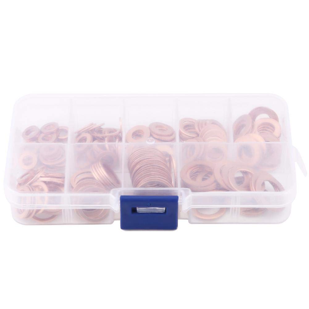 Fafeicy 200pcs Copper Washer Set, M5-M14 Flat Penny Washer Gasket Flat Ring Seal Assortment Kit