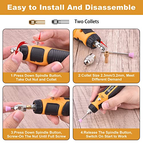 Foliv Cordless Rotary Tools, 4V Rotary Tool Kit with USB-C Charging, Mini Rotary Tool Wireless 3 Speed Adjustable for Sanding Cutting Drilling Cleaning Polishing Engraving, Suits for Light Projects