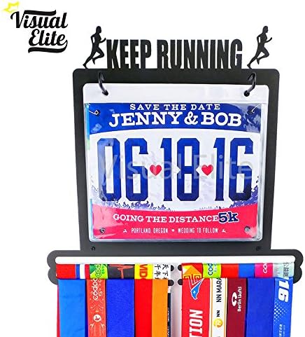 Visual Elite | Keep Running (VE-762) | Medal and Bib Display | Includes Bib Portfolio Vinyl Protector Sheets | Hand-Forged Black Metal Hanger Design for Marathon, Running, Race, 5K, Etc.
