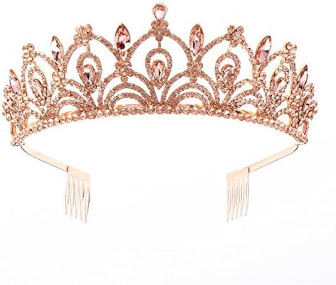 Weddingtopia Crystal Princess Pageant Rose Gold Wedding Tiara For Bride Plus Wedding Hair Pieces For Free– Rhinestone Bridal Tiara Crown with side combs Wedding Hairband Comb Pin (ROSE GOLD PEACH)