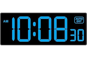 Soobest LED Wall Clock Digital Clock with Seconds, Electric Plug in Large Big Numbers Clock 5 Dimmers Wall Mount for Living Room, Auto DST, 10 Inches (Blue)