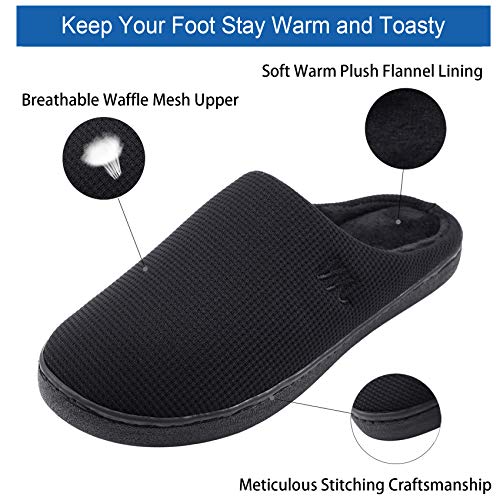 Wessho Mens House Slippers Bedroom Memory Foam Black Rubber Sole Indoor