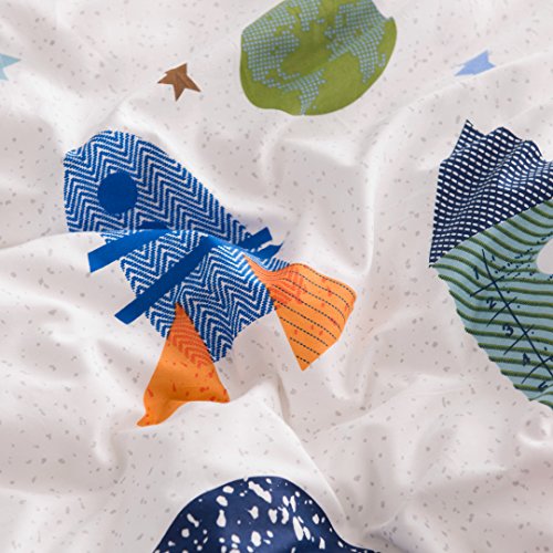 BuLuTu Space Rocket Print Cotton Boys Bedding Duvet Cover Sets Queen White and Blue 3 Pieces (1 Duvet Cover and 2 Pillowcases) Planet Spaceship Star Full Girls Bedding Sets Zipper Closure,NO COMFORTER - Thumbnail 5