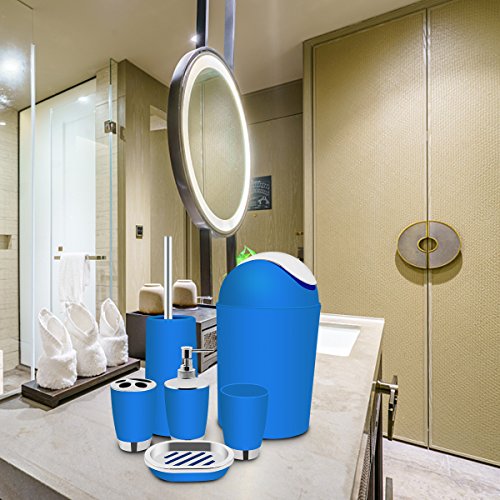 TEKITSFUN Blue Bathroom Accessories Set,6 Pcs Plastic Gift Bath Accessory Set Luxury Ensemble Includes Toothbrush Holder,Toothbrush Cup,Soap Dispenser,Soap Dish,Toilet Brush Holder,Trash Can - Thumbnail 5