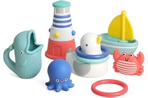 Itzy Ritzy Bathtime Gift Set - 12-Piece Set of Nautical-Themed Bath Toys Including a Water Scoop, Stacking Lighthouse, Ring T