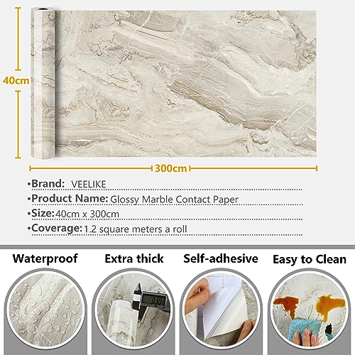 VEELIKE Wallpaper Wall Sticker Wall Paper Decor Beige Gold Marble Peel and Stick Self Adhesive Thick Durable Waterproof Removable Vinyl 15.7x118 Inches for Living Room Bedroom Kitchen Cabinets for DIY
