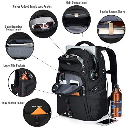 ASPENSPORT Laptop Backpack Fit 15.6 Inch Notebook Durable College School Students Book Bag with Sternum Strap Water Repellent Travel Computer Bag 28L with Luggage Strap Navy