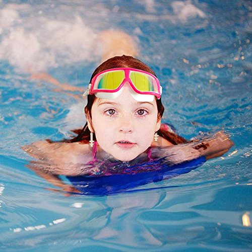 Spinosaurus Kids Swim Goggles(Age 3-15 Years), Fashionable, Anti-Fog,UV Protection, No Leaking, Coated Lens,with case and earplugs, HD Swim Goggles for Kids Youth and Teenagers (Pink White)...