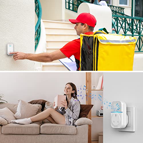 TECKNET Self-Powered Doorbell, Waterproof IP65 Twin Wireless Doorbell No Battery Required Push Button Plug Through Cordless Door Chime at 1300ft Range with 60 Chimes, 5-Level Volume & LED Light