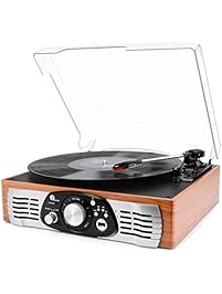 1byone Belt-Drive 3-Speed Stereo Turntable with Built in Speakers, Supports Vinyl to MP3 Recording, USB MP3 Playback, and RCA Output, Natural Wood