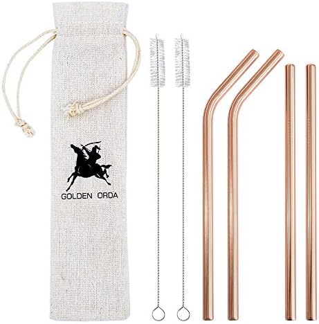 Golden Orda Copper Drinking Straws Set Of 4 With Two Burshes, Ultra Long 9.5'' Drinking Metal Resuable Straws For 20 30oz Stainless Tumblers Tumbler Cold Beverage (2 Straight + 2 Bent + 2 Brushes)