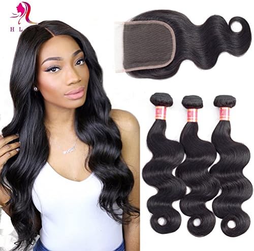 HLSK Brazilian Body Wave Virgin Hair 3 Bundles with Closure-Unprocessed 100% Human Hair Bundles with 4x4 Lace Closure (100g+/-5g)/pc(16 18 20 +14 free part closure)