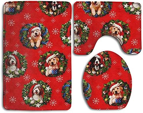 FunnyToiletLidCoverBB Christmas Pets Dogs Holiday Bath Mat Set,3 Piece Bathroom Mats Set Non-Slip Bathroom Rugs/Contour Mat/Toilet Cover