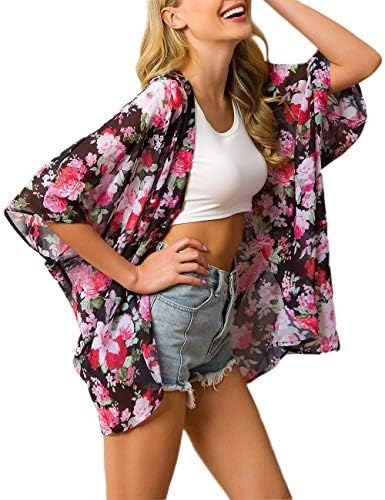 Traleubie Women's Beach Cover Up Floral Print Chiffon Summer Swimwear Kimono Cardigan