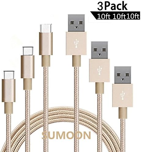 SUMOON Type C Cable, 3 Pack 10FT Nylon Braided USB A to C Fast Charging Cord for Galaxy Note 8, S8, S8 Plus, Google Pixel , Nexus 6p/5X, LG G6/G5/V20,Nintendo Switch and More (Gold)