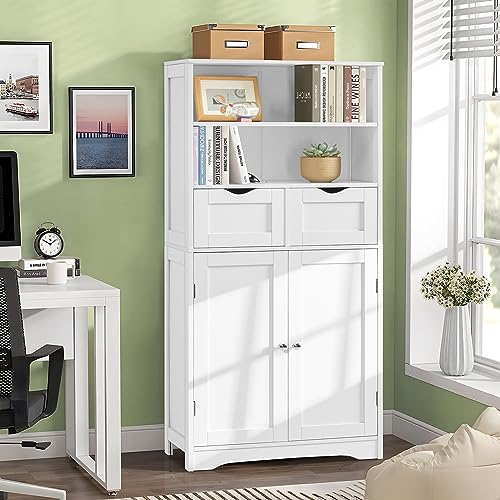 Bathroom Cabinet with 2 Drawers & 3 Adjustable Shelves, Bathroom Storage Cabinet, Cupboard for Living Room, Dining Room, Entryway, White