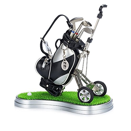 Mini desktop golf bag pen holder with lawn base and golf pens 5-piece set of golf souvenir Tour souvenir novelty gift (silver and black)¡