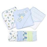 Spasilk 23-Piece Essential Baby Bath Gift Set - Hooded Baby Towels & Washcloths - Newborn Boy or Girl - Baby Shower Gift, Blue