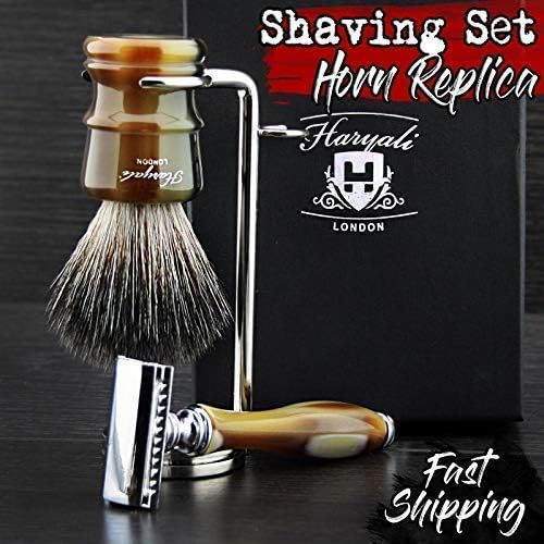 Traditional Old-School Horn Wet Shaving Set Black Synthetic Badger & Classic Double Edge Safety Razor + Stainless Steel Shaving Stand - Designed by Haryali London - Gift for Any Shaving Collection