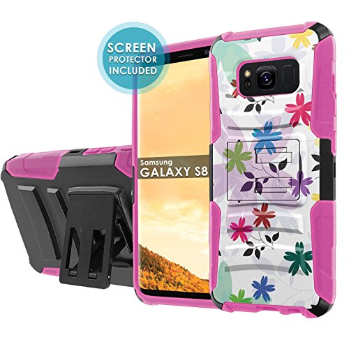 Samsung Galaxy S8 Phone Case [NakedShield] [Black/ Hot Pink] Defender Combat Armor Case [KickStand] [Holster] [Screen Protector] - [Seamless Floral] for Samsung Galaxy [S8] [5.8" Screen Size]