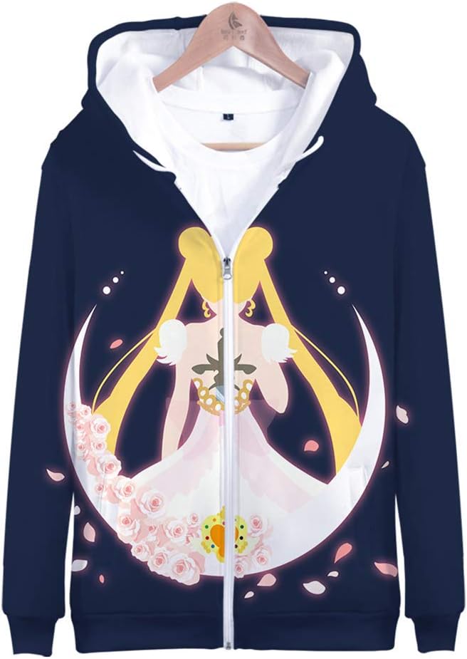 FJLR Long Sleeve Sweatshirts Sailor Moon Tsukino Usagi Printed 3D Graphic Hoodies Jumpers Anime Sportswear Fashion Cosplay Pullover,XXS