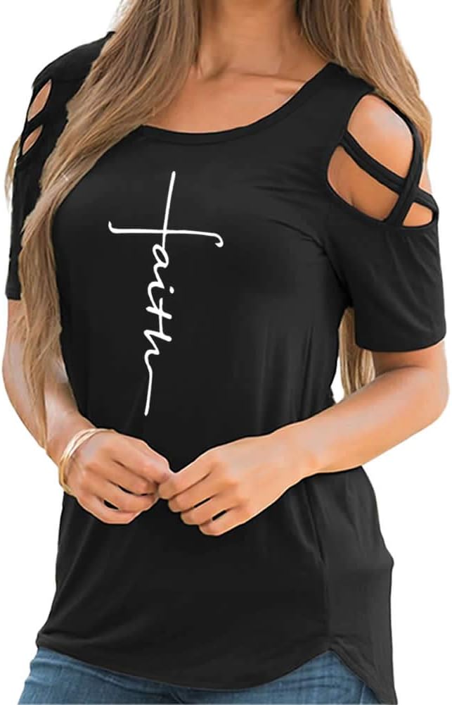 Rfecccy Women's Faith Print Cold Shoulder Short Sleeve T Shirts Crew Neck Tops